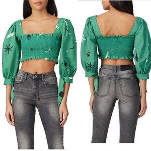 CAPULET Gracia Smocked Crop Top Women's Small Green Shirt